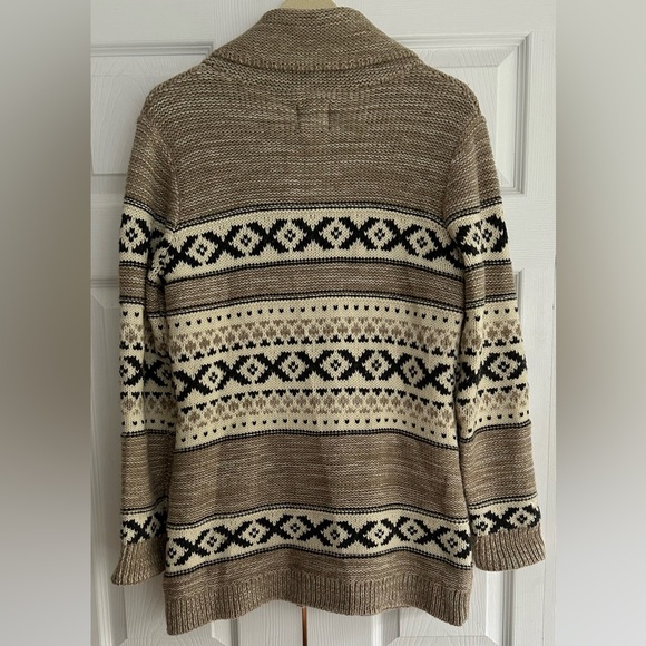 SANSARA Wool Blend Beige Fair Isle Chunky Knit Nordic Sweater Cardigan Sz Medium - Picture 4 of 6